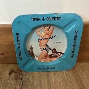 Vintage Town & Country Cheyenne Ashtray Tin‎ Metal Pin up Girl Sexy Slip Knot